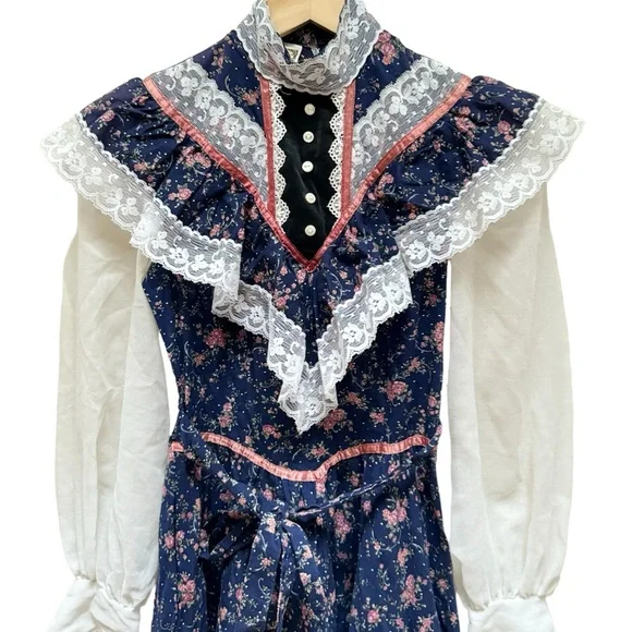 Vintage '70s Jessica McClintock Gunne Sax Navy/Pink Flower Dress - Picture 7 of 16